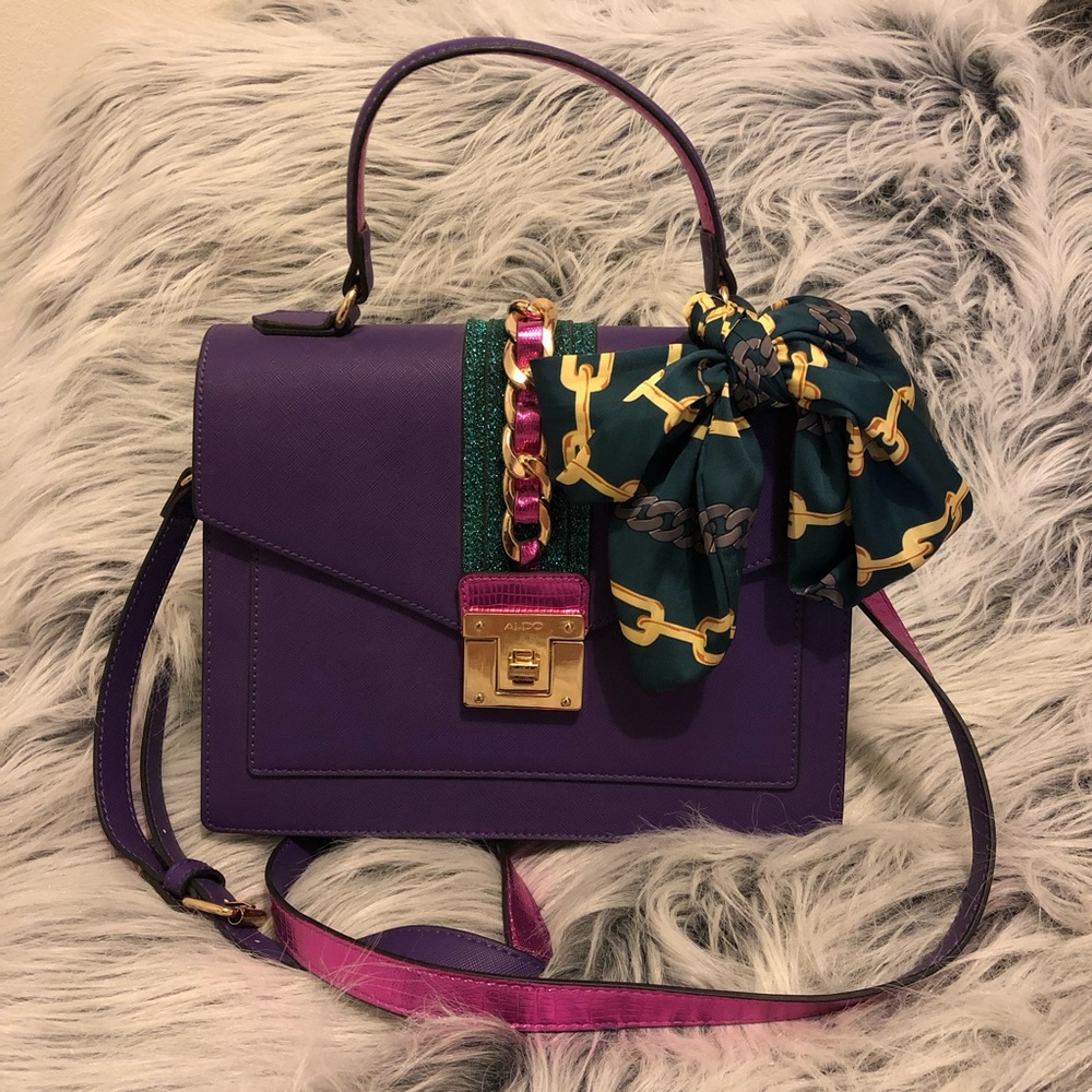 Aldo purple bag with gold chain and green scarf